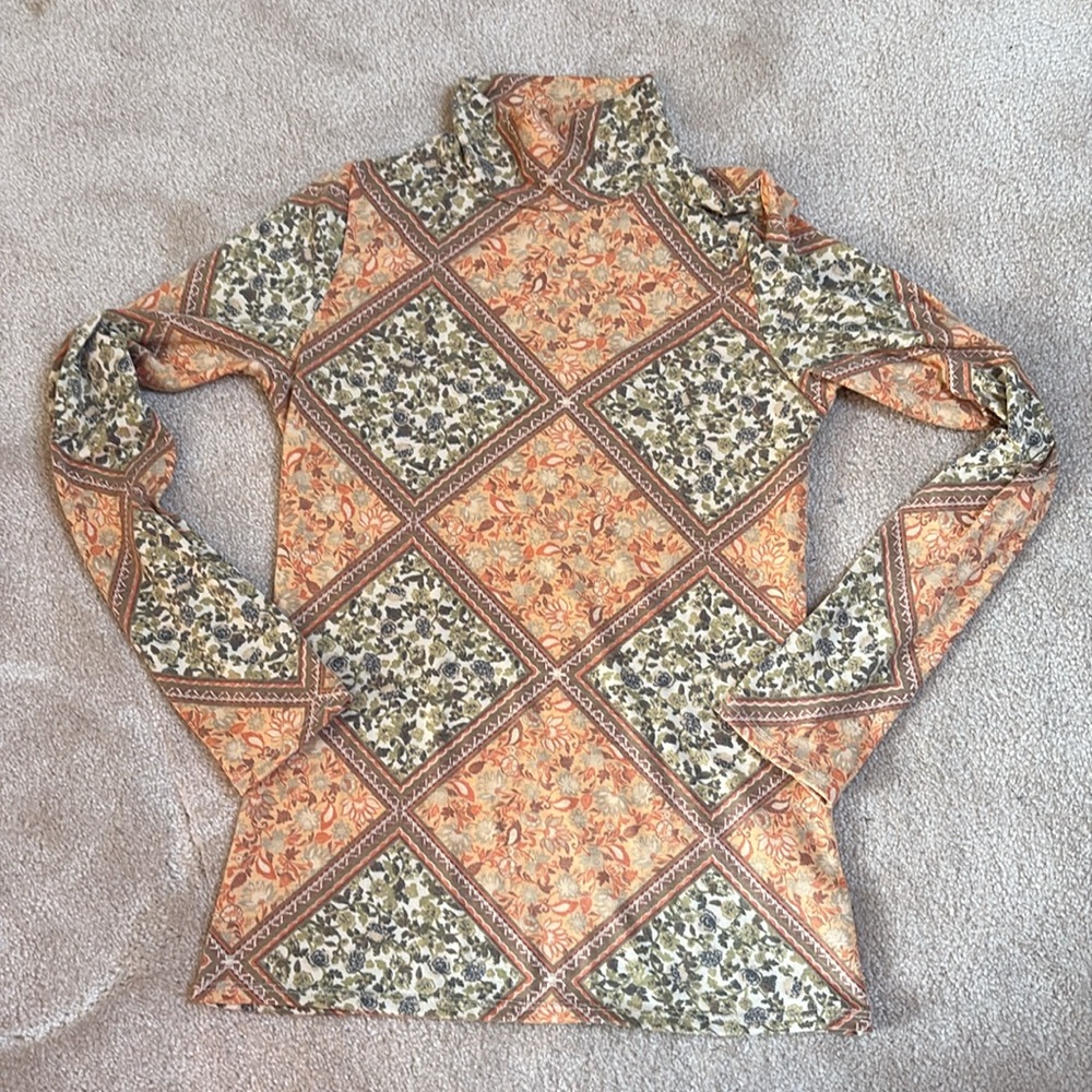 New Muted Autumn Art Nouveau Floral Diamond Pane Mock Neck Long Sleeve Top. Sz S - Picture 4 of 11